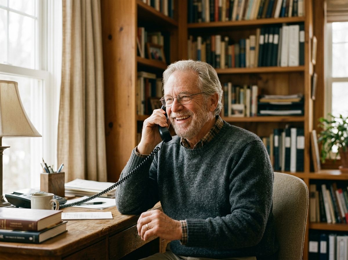 Smiling older man speaking comfortably with a helpful advisor by phone at home