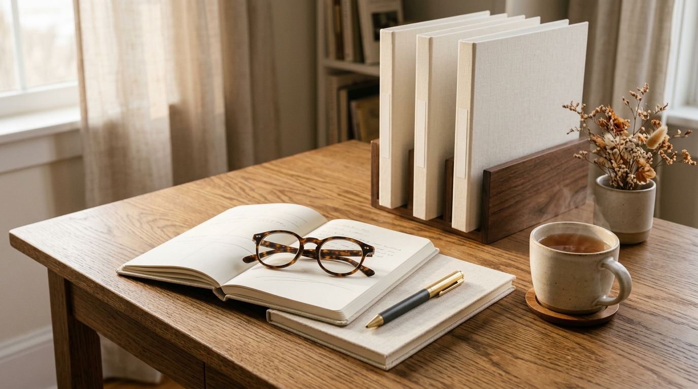 Clean organized desk with an open notebook, reading glasses, pen, and neatly organized document folders