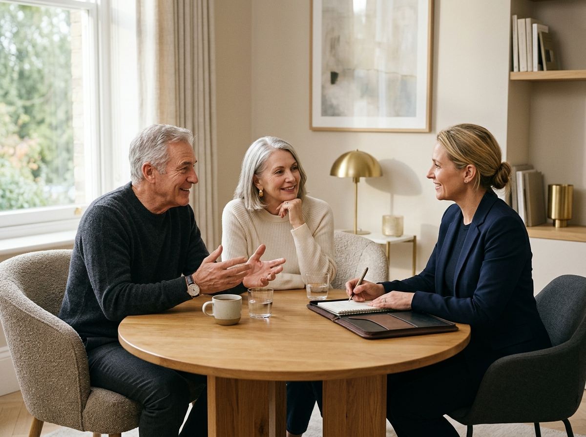 Mature couple having a friendly consultation with a professional advisor at a round table