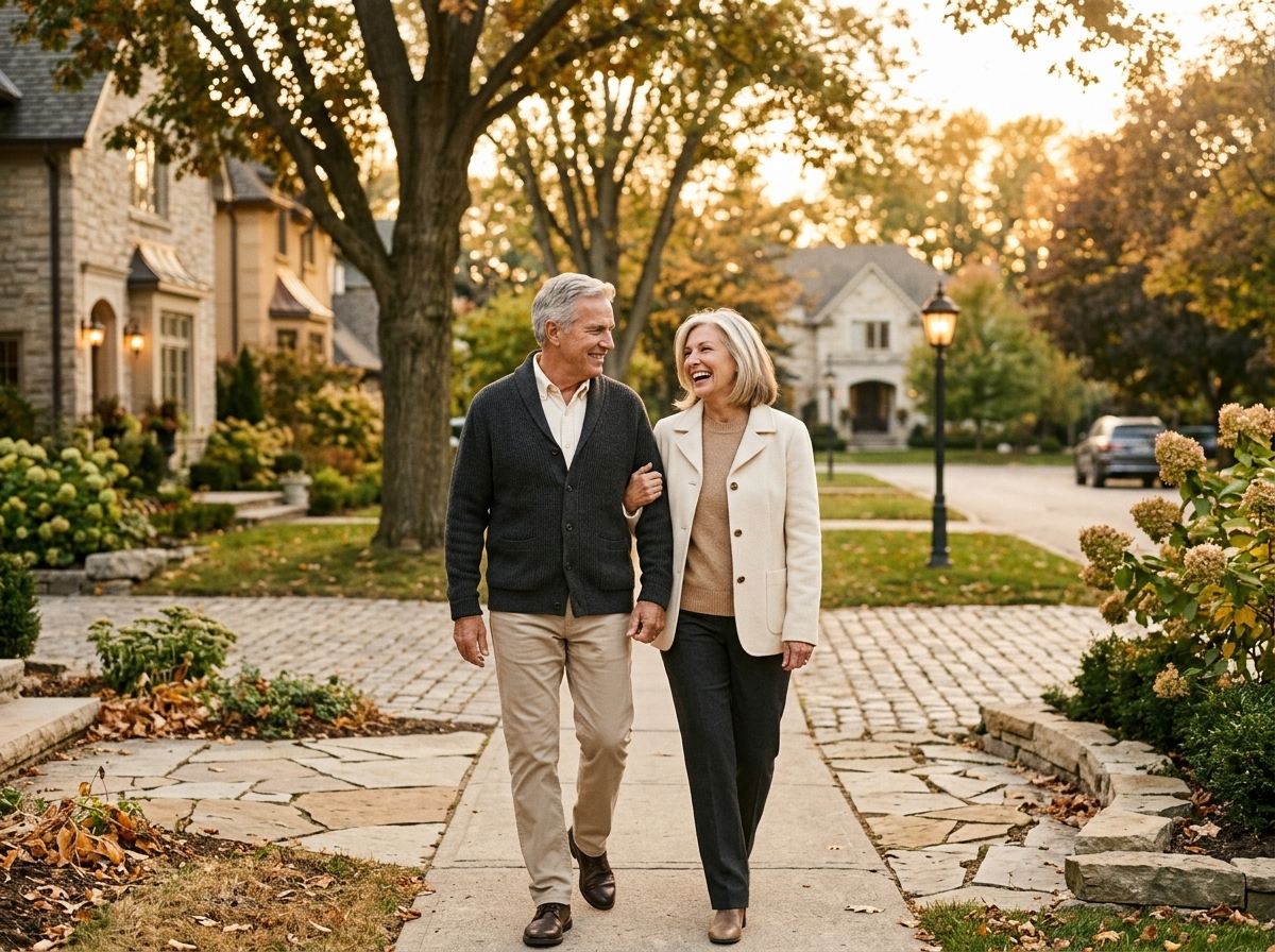 Confident older couple walking outdoors in a peaceful upscale neighborhood during warm golden-hour light